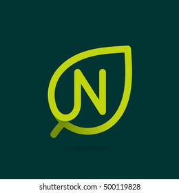 N letter logo in green leaf. Line style icon. Vector ecology elements for posters, t-shirts and cards.