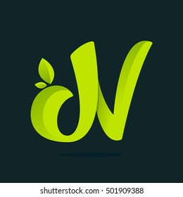 N letter logo with green leaves. Vector ecology elements for web, t-shirts and cards.