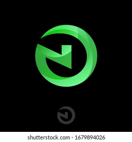 N letter logo. Green N monogram into a circle. Nature icon. Network emblem.
