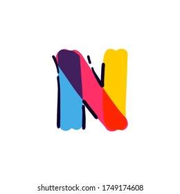N letter logo handwritten with a multicolor felt-tip pen. Perfect vector icon for kids design, interior print, cute labels, etc.