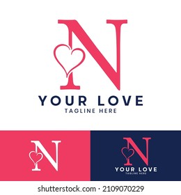N letter logo with heart icon, Happy Valentines initial N logo, Valentines Day greeting card banner logo template