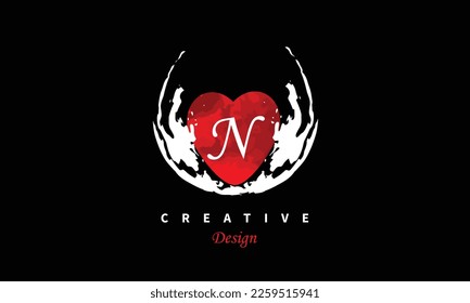 N letter logo in heart shape at red water color on black background Happy Valentines Day Vector abstract design element..