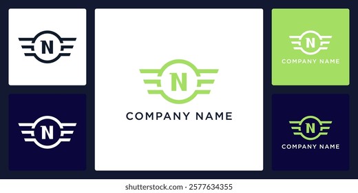 N letter logo and icon with circle and wings, vector template