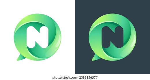 N letter logo inside speech bubble with swirl pattern. Negative space style icon. Colorful gradient emblem for your social media app, call center, online message, feedback icon, telemarketing screen.