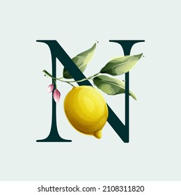 N letter logo with lemons in vector watercolor style. Illustration of green leaves, flowers, buds, and branches. Citrus fruit slices and splashing juice arrangements.