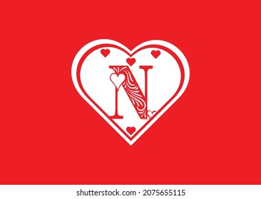 N letter logo with love icon, valentines day design template