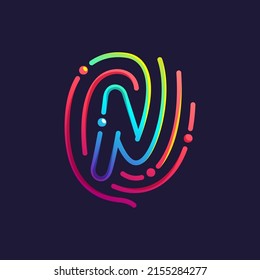 N letter logo made of fingerprint. Multicolor line icon with vivid gradients and shine. Perfect for online payment art, biometric design, nightlife advertising, digital packaging, modern identity.