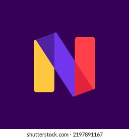 N letter logo made of overlapping lines. Vector paper multicolor origami style icon. Perfect for colorful applique art, children design, vibrant advertising, mosaic packaging, multimedia identity.