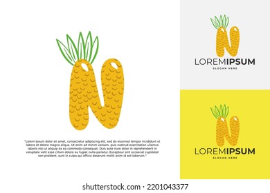 N letter logo made of pineapple. Fruit handmade calligraphy for agricultural identity, restaurant cards, kids t-shirt, summer prints, etc