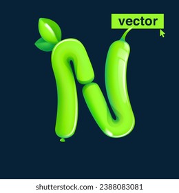 N letter logo made of twisted balloons. Eco-friendly realistic 3D render with green leaves. Vector elements in cartoon style. Perfect for nature banner, healthy food labels, garden art, and grass adv.