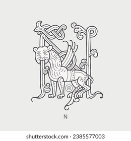 N letter logo. Medieval drop cap monogram. Initials made of spiral Celtic beasts, lion, leopard. Gothic illuminated calligraphy. Middle Ages heraldic ornate capitals. Germanic font for pagan tattoos.
