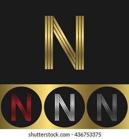 N Letter logo. Metal business emblem. Golden silver red and black colors