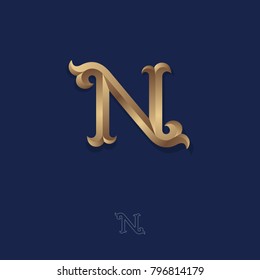 N letter logo. N monogram. Lettering. A beautiful gold letter with curls. Royal style.