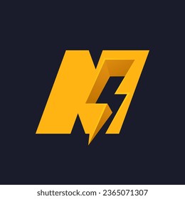 N letter logo with negative space lightning. Flash vector monogram. Electric bolt icon. Perfect type for energy labels, superhero t-shirt print, rock music posters, delivery art, electromobile adv.