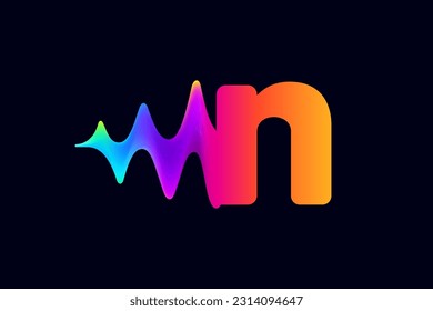 N letter logo with pulse music player element. Vibrant sound wave flow line and glitch effect. Neon gradient icon. Vector template for techno store, electronic music, audio equalizer, DJ posters.