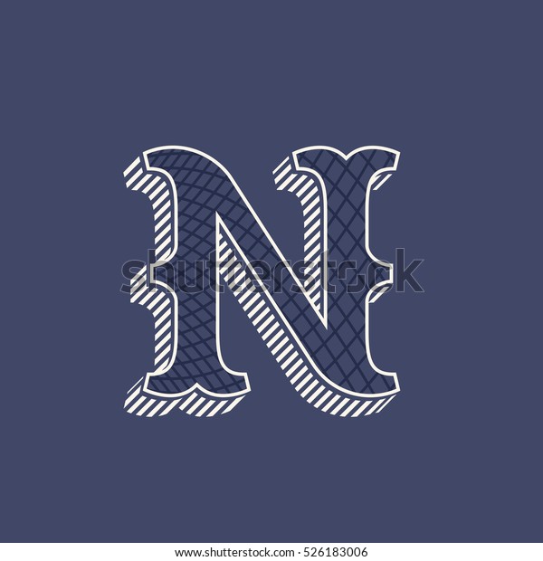 N\
letter logo in retro money style with line pattern and shadow. Slab\
serif type. Vintage vector font for labels and\
posters.