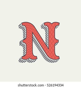 N letter logo. Retro western alphabet with line texture. Slab serif font. Vector vintage typography for your posters, sportswear, club t-shirt, banner, etc.