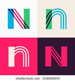 N letter logo set made of overlapping lines. Perfect for applique art, children design, vibrant advertising, mosaic packaging, pattern identity.