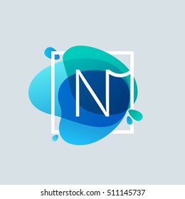 N letter logo in square frame at blue watercolor splash background. Vector ecology typography for your posters, invitations, cards. 