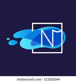 N letter logo in square frame at watercolor blue flow background. Vector ecology typography for your posters, invitations, cards. 