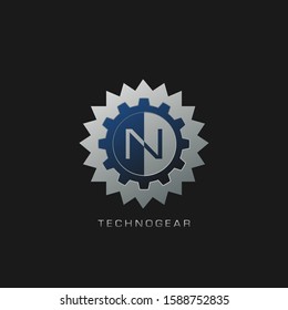 N Letter Logo Techno Gear. Silver vector design concept gear shape with letter logo for technology, business, initial