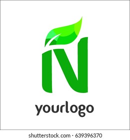 N Letter logo. Vector green alphabet set of eco letters logo with leaves