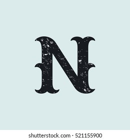 N letter logo. Vintage decorative slab serif with rough grunge texture. Vector font for western, sport or historical labels, posters etc.