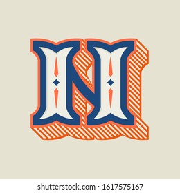 N letter logo in vintage western style with striped shadow. Vector font for barber shop labels, sport posters, jewelry cards etc.