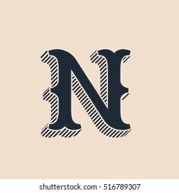 N letter logo in vintage western style with lines shadow. Vector font for labels, posters etc. 