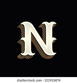 N letter logo in vintage western style with lines shadow. Vector font for barber shop labels, sport posters, jewelry cards etc.