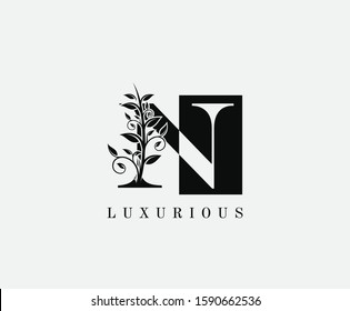 N Letter Luxury Vintage Logo. Minimalist N With Classy Leaves Shape design perfect for fashion, Jewelry, Beauty Salon, Cosmetics, Spa, Hotel and Restaurant Logo. 