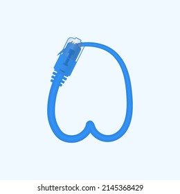 N letter made blue network cable. Vector ethernet rj45 digital cable design font for technology logo and headlines, digital logo, electric business corporate identity and more