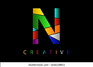 N letter in many colors with broken glass effect. Shattered letter with falling pieces vector illustration for logo, monogram, label, cover, emblem, company name, glass business, firm sign or web page