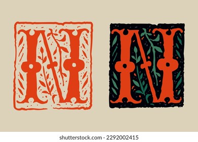 N letter medieval grunge gothic initial. 16th century engraved drop cap. Blackletter style vintage font. Middle Ages capital alphabet with floral ornament. Vector square shaped illuminated calligraphy