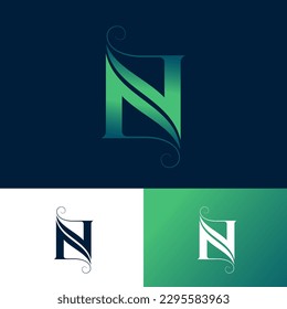 N letter.  N monogram. Logo for cosmetic or organic food. Green letter with curled elements.