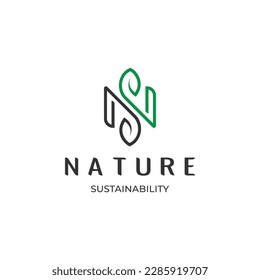 N letter monogram logo with green leaf natural line art vector illustration template