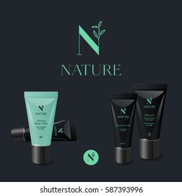 N letter. monogram. Nature logo. Green letter with leaves on a dark background. Branded cream tubes.