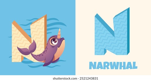 Nenhuma carta para narval. Cartão ABC para educação infantil. Narval de unicórnio bonito com ondas do mar. Ilustração de vetor de desenhos animados.