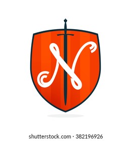 N letter on the sword and shield. Font style, vector design template elements for your application or corporate identity.
