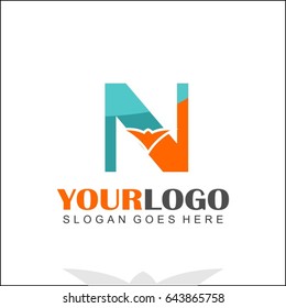 N letter orange bird design logo in blue color. Branding identity for Finance, Accountancy, Law, Hotel, Tech, Bank