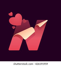 N letter with paper folded corner and hearts. Vector paper style typeface for st. Valentine's day. Red letter icon for card, app icon, corporate identity, label or poster.