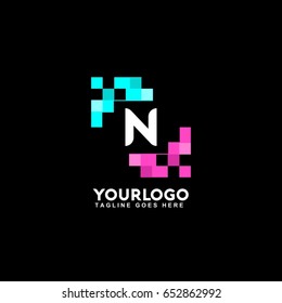 N letter pixel art design logo. Blue and pink business corporate for technology