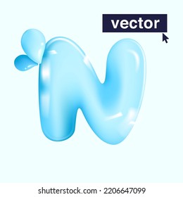 N letter pure water logo in realistic 3D and cartoon balloon style. Glossy eco blue vector illustration. Perfect for watercolor splash banners, organic emblems, healthy food packaging design.