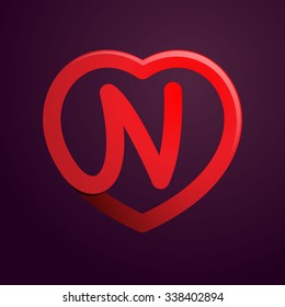 N letter with red heart. Vector design template elements for your application or corporate identity.