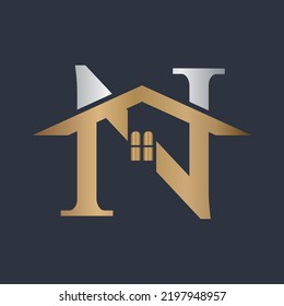 N letter roof shape logo vector gold and silver colour