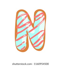 N letter in the shape of sweet glazed cookie, bakery edible font of English alphabet vector Illustration on a white background