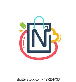 N letter with shopping bag and tag icon. Vector design element for tag, card, corporate identity, label or poster.