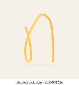 N letter spaghetti design. Vector hand draw realistic food font. Isolated Italian pasta for tasty poster, restaurant identity, gourmet element and more