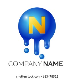 N Letter splash logo. Blue dots and bubbles letter design on grey background. Vector Illustration