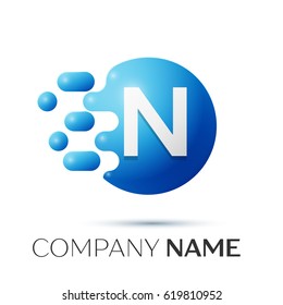 N Letter splash logo. Blue dots and circle bubble letter design on grey background. Vector Illustration